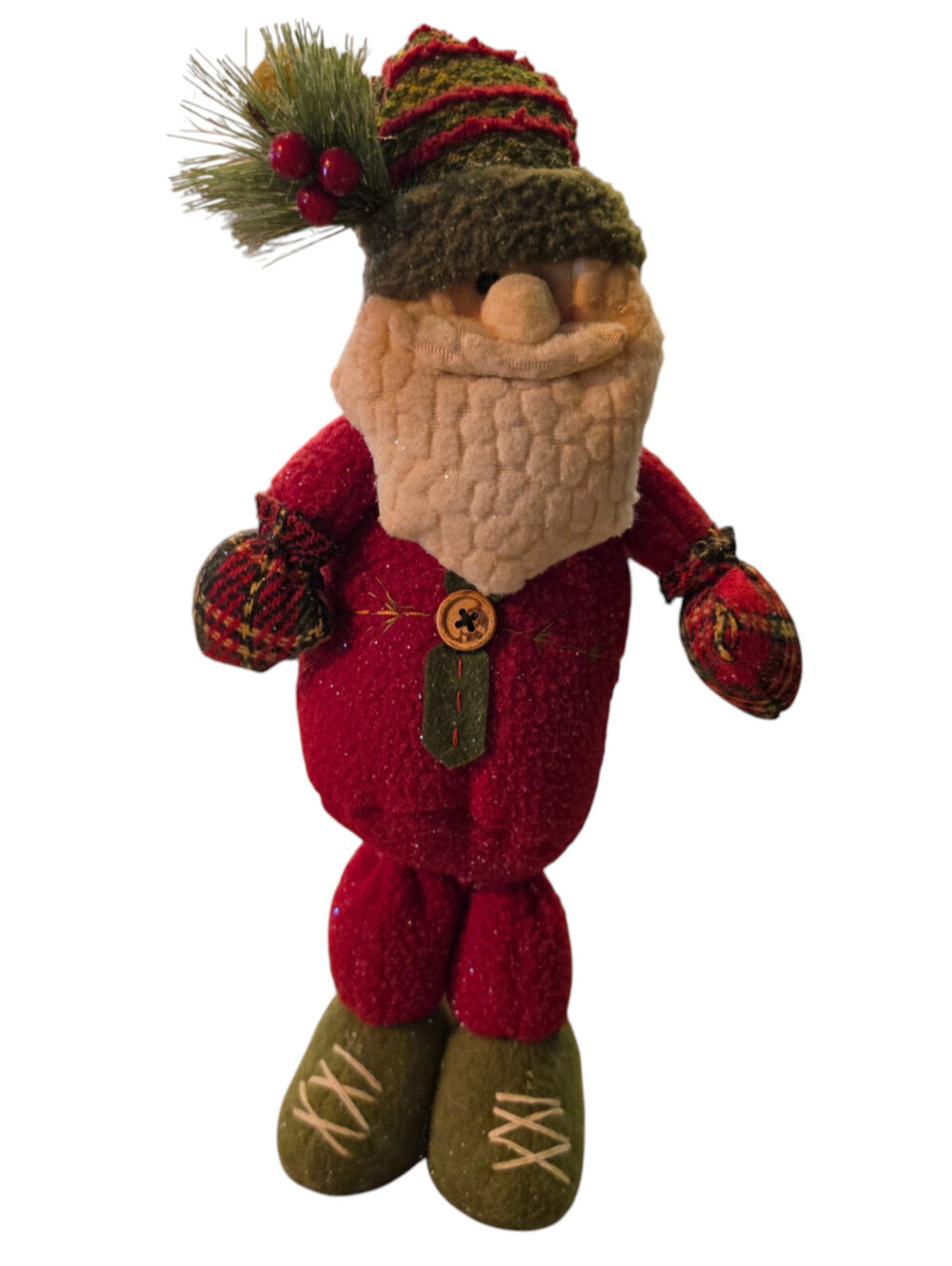 Vintage Folk Art Style Santa Claus Plush Felt Green Red Woodsy Cottagecore